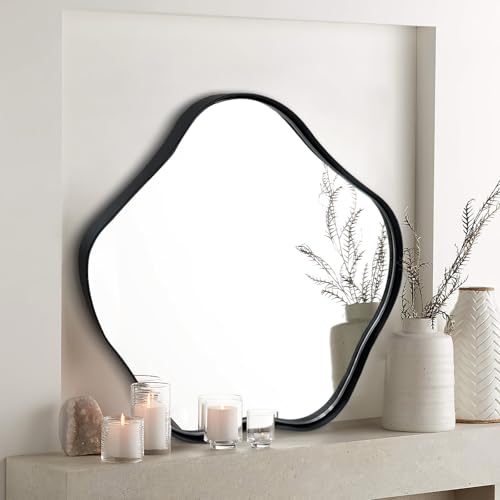 20" Scalloped Irregular Wall Mirror with Black Metal Frame | Asymmetrical Design, Horizontal/Vertical Hanging, Wavy Round Art Deco Wall Mirror for Entryway Bedroom Bathroom Living Room - color: Black, size: 20"L x 20"W