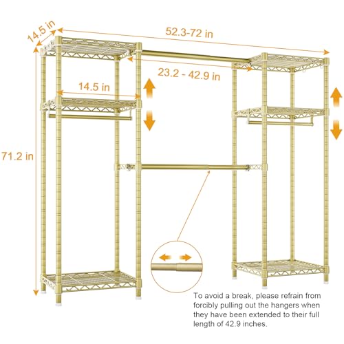E7 Garment Rack, Heavy Duty Clothes Storage System with Extendable Rod | Metal Clothing Rack with 6 Wire Shelves, Freestanding Portable Closet Wardrobe for Hanging Clothes, Load 838lbs, Gold - color: Gold
