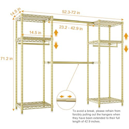 E7 Garment Rack, Heavy Duty Clothes Storage System with Extendable Rod | Metal Clothing Rack with 6 Wire Shelves, Freestanding Portable Closet Wardrobe for Hanging Clothes, Load 838lbs, Gold - color: Gold
