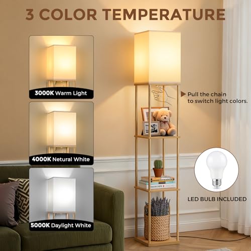 Floor Lamp with Shelves, 3-Tier Modern Square Bookshelf Standing Lamp Wood | 3 Color Temperature Bulb Included, Pull Chain Tall Lamp for Living Room Bedroom Corner Office Apartment Decor - color: Wood