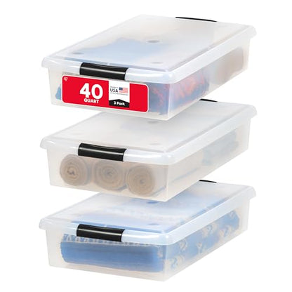 IRIS USA 3-Pack, 40 Qt. Under Bed Storage Bin with Lids, Black/Clear | Store seasonal clothing, shoes, blankets, linens and household essentials neatly under beds to maximize storage space - style: 40 Qt. - 3 Pack