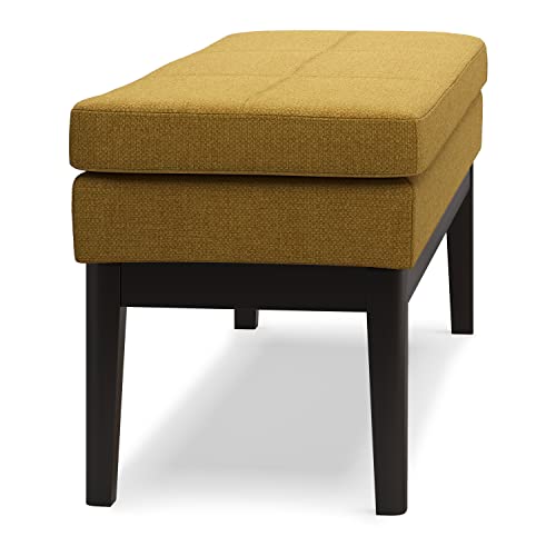 SIMPLIHOME Carlson 45" Wide Vegan Leather Rectangle Ottoman in Marigold | Mid-century modern ottoman bench with a padded seat; perfect footstool, footrest or pouf for bedroom or entryway. - color: Marigold, style: Ottoman Bench