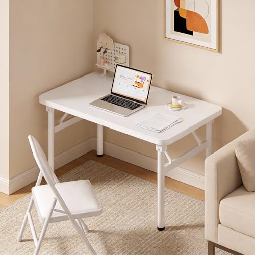 Small Folding Computer Desk - 39.4 Inch Foldable Small Spaces Compact Desk,No Assembly,Bedroom, Dorm and Apartment,Portable Study for Home Office Table - color: Frame：white/Board：white, size: 39.4“*19.7”