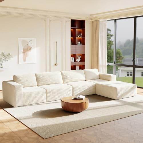 Vesgantti 159" Large Modular Sectional Sofa, L-Shaped Corduroy Cloud Couch with Deep Seats & Spring Support, 4-Seater Boneless Sofa with Movable Ottoman, No Assembly Needed, Beige - color: 159" - 4 Seater + Ottoman Beige