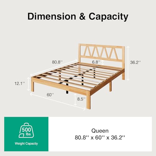 Novilla 12 Inch Queen Bed Frame with Headboard Bed Frame Queen Size Solid Wooden Bed Frame Foundation with Wood Slat Support, No Box Spring Needed, Easy Assembly, Natural Grain Wood