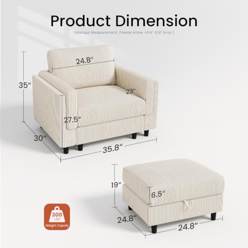 KKL Chaise Lounge with Storage Ottoman, Upholstered Comfy Living Room Chair | Reading Chair with Deep Seat, Single Sofa for Apartments Dorms Offices - color: Beige, size: One Seat+Ottoman