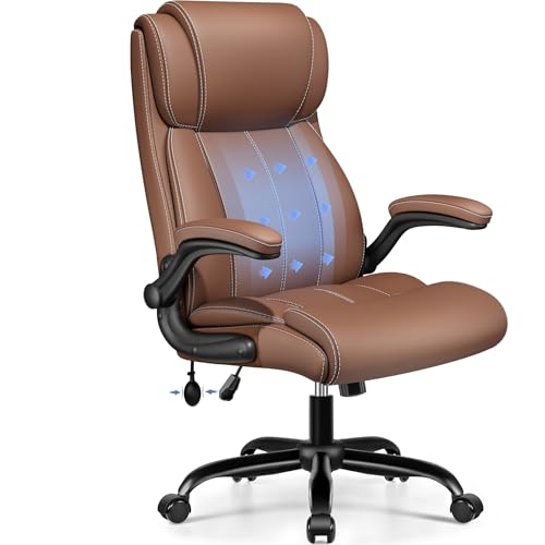 BESTFAIR Ergonomic Office Chair, Comfy High Back Home Desk Computer Chair | PU Leather Executive Chair with Inflatable Lumbar Support & Flip-up Arms, Lower Back & Neck Support, Rocking Swivel, Brown - color: Brown, size: 1 Pack