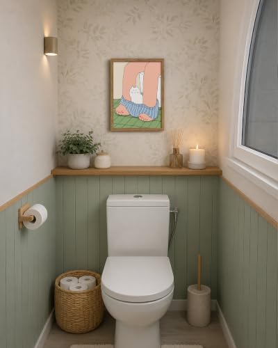 Funny Bathroom Cat Wall Art Canvas Framed Poster Painting Print Picture, Cute Cat in Pants Cartoon Illustration, Humorous Toilet Bathroom Decor Artwork for Living Room Restroom Home Decoration 12x16 Inch - color: A-Cat, size: 16"L x 12"W