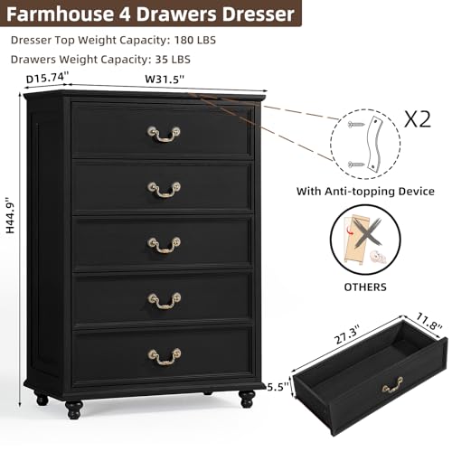 Joaxswe Farmhouse 5 Drawer Dresser for Bedroom, 45" Tall Rustic Chests of Drawers w/ 4 Solid Wood Feet, Mid Century Modern Wooden Closet Storage Dressers Organizer for Living Room, Hallway, Black - color: Black, size: 15.7"D x 31.5"W x 44.9"H (5 Drawers)