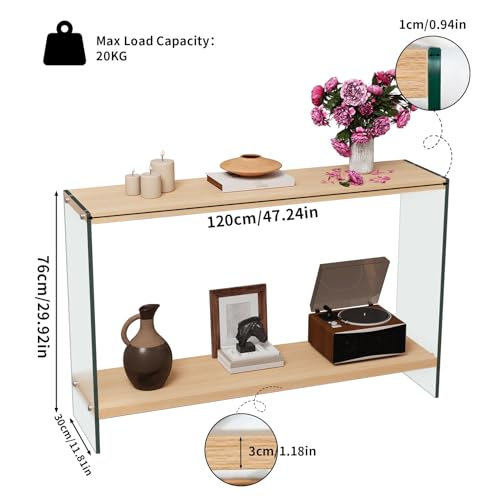 Console Table 2-Tier: 47.2 in Wide Rectangle Wood Shelf Glass Sides | Modern Desk Console Sofa Table Stand for Entryway - size: 47.2“W x 11.8"D x 30"H