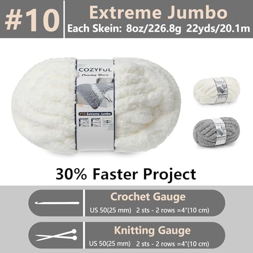 Cozyful Chunky Yarn for Hand Knitting - #10 Chunky Chenille Yarn, Jumbo Big Thick Chunky Yarns for Crocheting, Super Bulky Chunky Knit Blanket Yarns, 8 Skein (22yd, 8oz/Skein), Cream & Grey - color: Cream & Light Grey