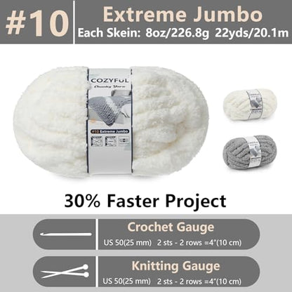 Cozyful Chunky Yarn for Hand Knitting - #10 Chunky Chenille Yarn, Jumbo Big Thick Chunky Yarns for Crocheting, Super Bulky Chunky Knit Blanket Yarns, 8 Skein (22yd, 8oz/Skein), Cream & Grey - color: Cream & Light Grey
