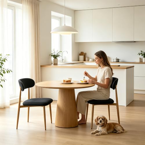 FREKEN Modern Upholstered Dining Chairs Set of 2, Mid-Century Metal Frame with Wood Grain, Linen Fabric Side Chair for Kitchen Dining Room, 350lbs Capacity, Black - color: Black - Wood Grain Legs, size: Set of 2