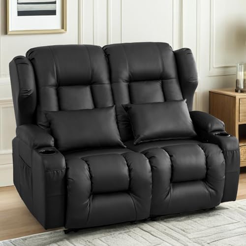 Loveseat Recliner Sofa,RV Wall Hugger Recliners for Small Spaces,Reclining Loveseat Sofa Recliner with Cup Holders/Lumbar Pillows,RV Furniture (Black, 56" 2-Seater) - color: Black, size: 56" 2-Seater