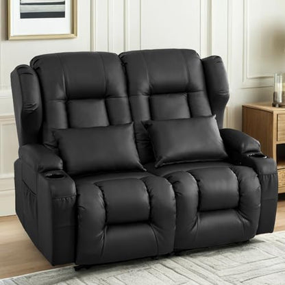Loveseat Recliner Sofa,RV Wall Hugger Recliners for Small Spaces,Reclining Loveseat Sofa Recliner with Cup Holders/Lumbar Pillows,RV Furniture (Black, 56" 2-Seater) - color: Black, size: 56" 2-Seater