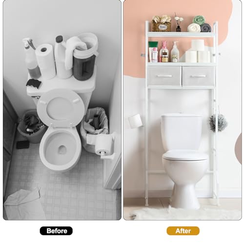YBING Over The Toilet Storage Cabinet, Over Toilet Bathroom Organizer with Drawer, Roll Holder and Hooks, Bathroom Storage Cabinet, Wooden, White - color: Whtie