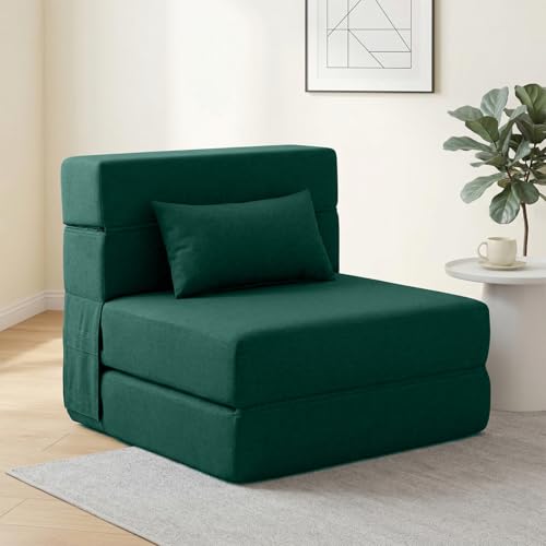 SUYOLS Folding Sofa Bed with Pillow- Convertible Chair Floor Couch & Sleeping Mattress, Foldable Memory Foam Sleeper for Living Room/Dorm/Guest Room/Home Office/Apartment/Loft, Single28, Dark Green - color: Dark Green, size: Single(28" Width)