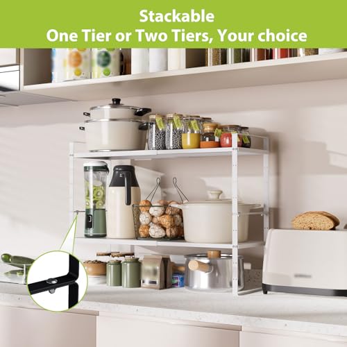 Expandable Cabinet Shelf Organizer Rack, Stackable Kitchen Counter Storage Shelves Stand, Adjustable Height Pantry Shelf Spice Rack (White-2 Pack, 8.7" D x 15.4-26.8" W x 9.8" H) - color: White-2 Pack