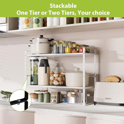 Expandable Cabinet Shelf Organizer Rack, Stackable Kitchen Counter Storage Shelves Stand, Adjustable Height Pantry Shelf Spice Rack (White-2 Pack, 8.7" D x 15.4-26.8" W x 9.8" H) - color: White-2 Pack