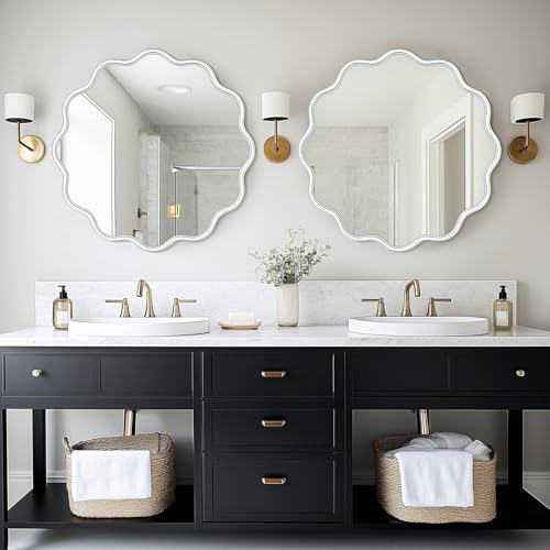 PROHOMEWARE White Round Mirror 28 Inch Wavy Bathroom Vanity Mirror White Frame Modern Wall Mirror Decorative Wall-Mounte Anti-Rust, Tempered Glass - color: White, size: 28"L x 28"W