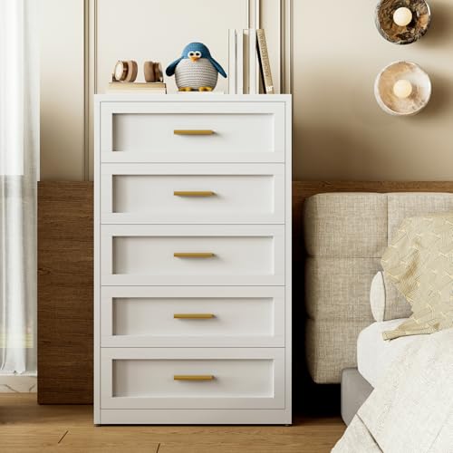 Metal 5-Drawer Dresser for Bedroom, Tall Chest of Drawers for Closet Storage, Modern Farmhouse White Dresser with 5 Drawers, Tall Dressers & Chests for Bedroom Storage, 31.5" Wide Metal Chest - color: White, size: 5 Metal Drawers