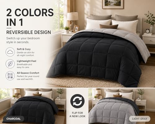 EVOLIVE Microfiber ReversibleComforter Full/Queen (Black/Grey) | Soft brushed microfiber with down-alternative fill offers medium-weight warmth, box stitching, and easy machine care. - color: Black/Grey, size: Full/Queen
