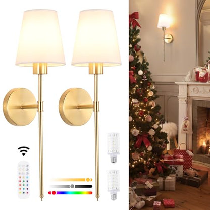 Shenmoyl Fabric Wall Sconce Battery Operated Set of 2, Rechargeable Wall Lights with 5000mAh RGB Dimmable Bulb, 12 Colors Wall Sconces for Bedroom Living Room, Gold - color: Golden