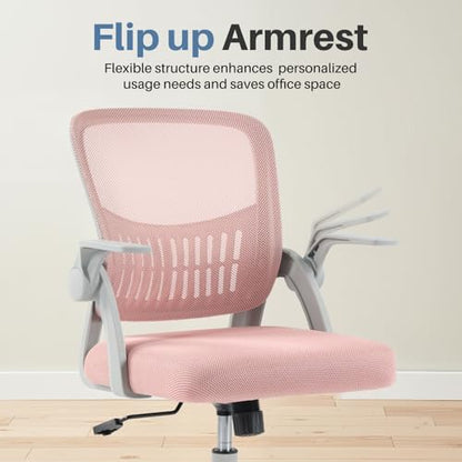 Sweetcrispy Computer Desk Chair, Home Office Chair, Lumbar Support | Flip Up Armrest, Adjustable Height, 360° Swivel Wheels, Ergonomic Mesh Mid-Back, Comfy Arms Bedroom Study - color: Pink, size: 23.22 Inch
