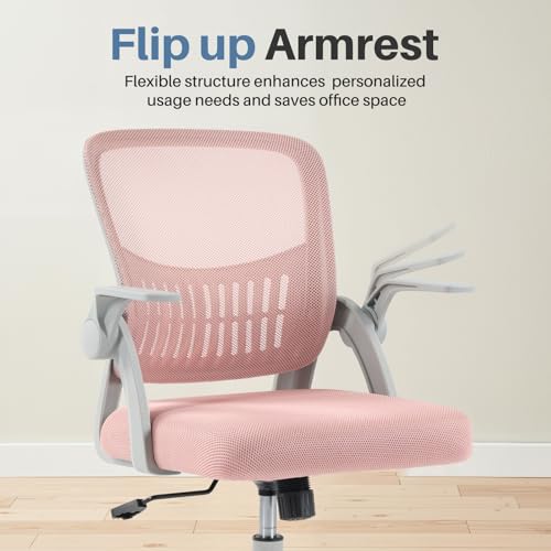 Sweetcrispy Computer Desk Chair, Home Office Chair, Lumbar Support | Flip Up Armrest, Adjustable Height, 360° Swivel Wheels, Ergonomic Mesh Mid-Back, Comfy Arms Bedroom Study - color: Pink, size: 23.22 Inch