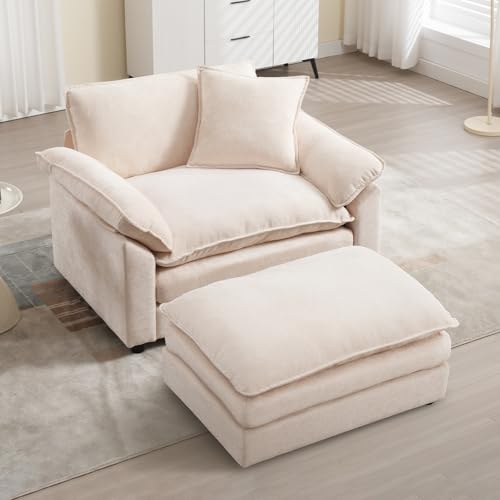 Oversized Chair with Ottoman, Comfy Chenille Accent Chair Large Upholstered Armchair with Extra Thick and Deep Seat Modern Lounge Chair for Living Room,Bedroom,Apartment - color: Beige, size: 1(chair+ottoman)