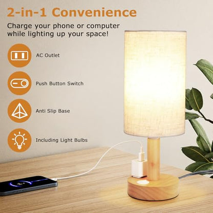 Small Bedside Table Lamp with AC Outlet, Natural Wood Base & Linen Shade, Mini Cute Cozy Warm White Nightstand Boho Lamp, Study Desk Night Stand Light for Bedroom, Kitchen, Nursery, Living Room - size: Round - AC Outlet - Set of 1