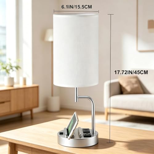 Dreamholder 2 Pack Table Lamp, Bedside Lamp with 3 USB Charging Ports & AC Outlet, USB Desk Lamp with 2 Phone Holders, Linen Fabric Shade Nightstand Lamps for Bedroom Living Room Office, Silver - color: Silver