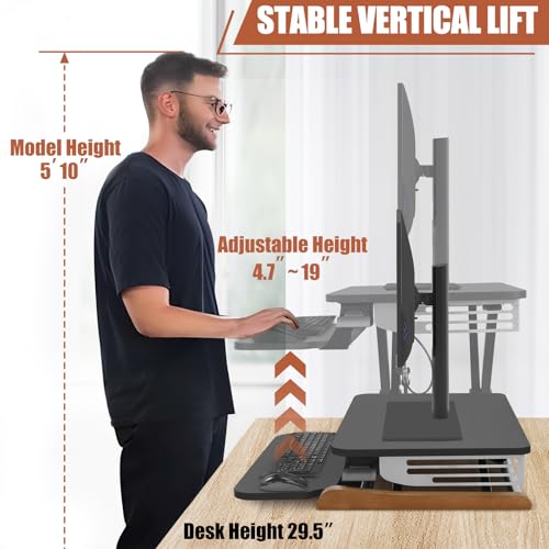 Height Adjustable Standing Desk Converter with Keyboard Tray, 26x16 Inch, Sit to Stand Desk Riser with Elegant Side Cover and Wooden Feet, Compact Monitor and Laptop Riser for Home & Office, Black