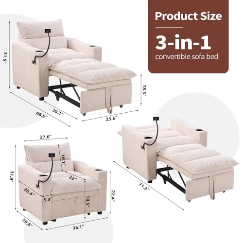 HAOMARKETS Corduroy Sleeper Sofa Bed with Cup Holders, 3-in-1 Convertible Pullout Futon Couch with Phone Holder&USB Charge Port, Single Armchair with 3-Level Adjustable Backrest for Apartment - color: Beige, size: 36"(1-Seat）