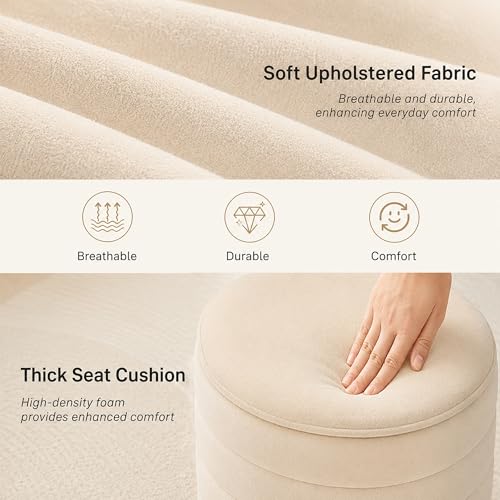 JHY DESIGN Round Ottoman with Storage, 16.5" H Velvet Footstool with Removable Lid & Solid Wood Base – Padded Seat Storage Ottoman for Bedroom, Living Room, Vanity(Cream)