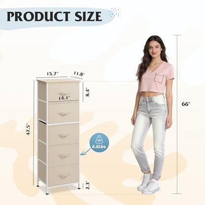 WLIVE Tall Dresser for Bedroom, 5 Drawer Dresser, Cream White | 5 vertical fabric drawers, Tall vertical design, Bedroom or closet use, Dresser for small spaces, Chest of drawers - color: Cream White
