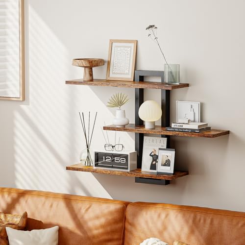 Floating Shelves for Wall, Wood Wall Shelves for Bathroom | 3 Tier Shelves for Wall Decor, Decorative Hanging Storage Shelf for Bedroom Kitchen Living Room, Rustic Brown and Black - color: Rustic Brown and Black