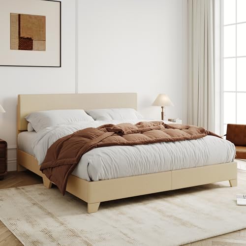 Allewie Full Size Upholstered Bed Frame Adjustable Headboard, Beige | Platform Bed with Heavy Duty Mattress Foundation, Noise-Free, Easy Assembly, Wood Slat Support, No Box Spring Needed - color: Beige, size: Full