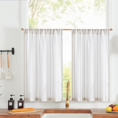 jinchan Linen Tier Curtains Striped Cafe Kitchen Curtains | 24 Inch 2 Panels Gray on White, Light Filtering Half Window Drapes for Living Room Bathroom RV Farmhouse - color: Cottage Striped Grey, size: 26"W x 24"L (Pack of 2)