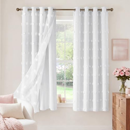 NICETOWN Pure White Pom Pom Curtains, True Blackout Double Layer Sheer Drapes for Nursery & Kids Room, Thermal Insulated Room Darkening Window Treatments, 52 x 63 Inch, 2 Panels - color: Pure White, size: 52"W x 63"L (Pack of 2)