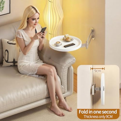 Wall Mounted Folding Round Table,11Inch Small Foldable Retractable Wooden Coffee Table Tray Fold Down Wall Desk Flip-Out Design Nightstand for Bedroom Living Room Balcony (White) - color: White