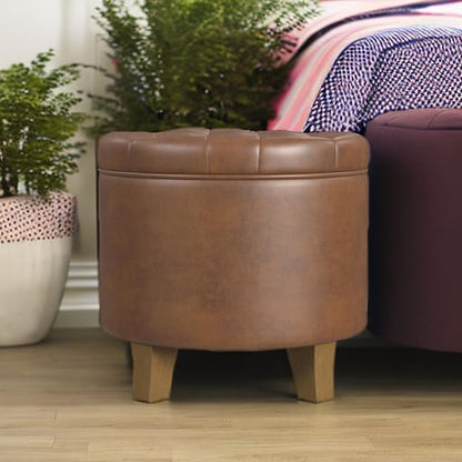 HomePop 19" Faux Leather Button Tufted Round Storage Ottoman - Brown - color: Brown Faux Leather