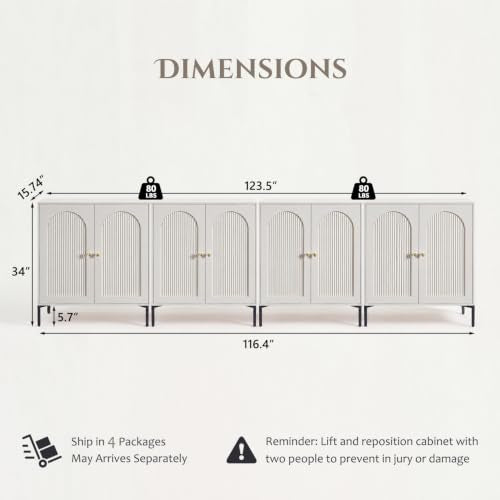 IFBUY 123.5" W Mid Century Modern TV Stands for Living Room, Cream | Wood Entertainment Center w/Adjustable Shelves, Media Console w/Arched Fluted Doors, Entryway Cabinet Fits 80, 85, 95 Inch TV - color: Cream, size: 15.75"D x 123.5‬"W x 34"H