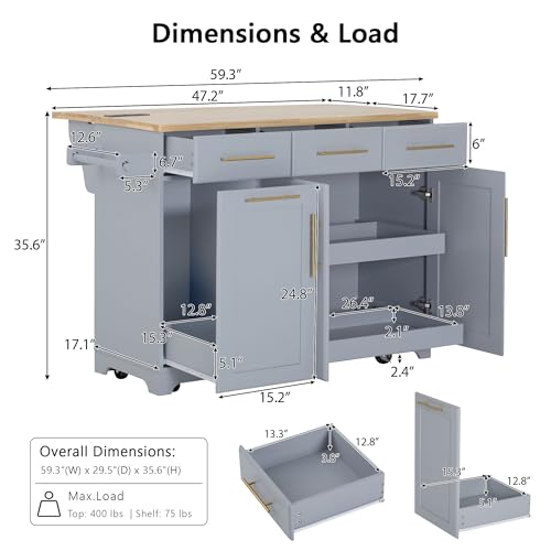 Kitchen Island with Trash Can Storage & Pull-Out Trays | Solid Rubberwood Countertop Kitchen Island on Wheels, Drop Leaf, Power Outlet, 3 Drawers - color: Grey
