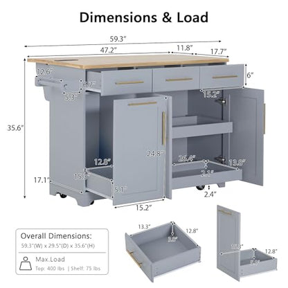 Kitchen Island with Trash Can Storage & Pull-Out Trays | Solid Rubberwood Countertop Kitchen Island on Wheels, Drop Leaf, Power Outlet, 3 Drawers - color: Grey