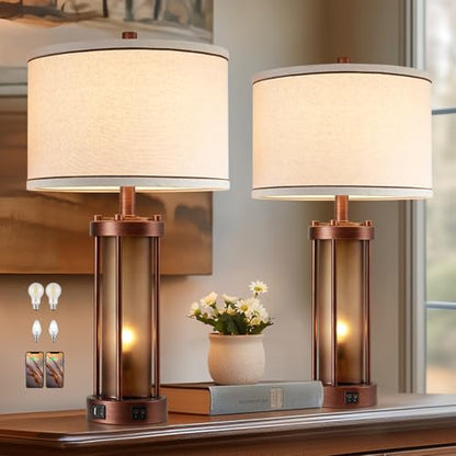 RORIA Set of 2 Farmhouse Table Lamps for Living Room with 2 USB Ports | Rustic Bedside Lamps, Bedroom Nightstand Lamp with Amber Frosted Glass Nightlight, Entryway, Office, 4 Bulbs Includes - color: Red Bronze