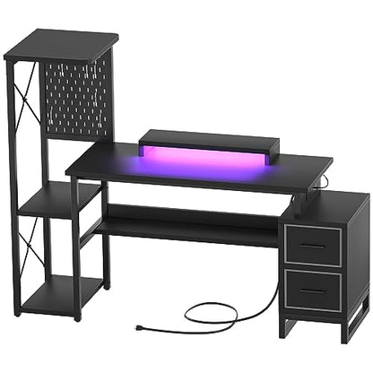 Computer Desk with 2 Fabric Drawers - Reversible Home Office Desk with Power Outlet & LED Lights, 53" Writing Desk with Monitor Stand & Storage Shelves, Gaming Desk Study Table with Pegboard, Black - color: Black