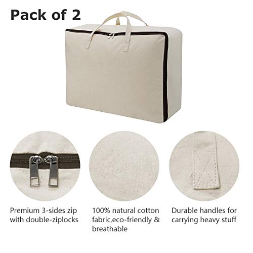 3pcs Cotton Clothes Bedding Storage Organizer Bins with Handles 3-side Zip | Breathable Canvas, Soft Storage Bins, Good for winter Clothes, Sweaters blankets, duvets, pillows Organizer, Beige, washable