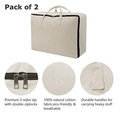 3pcs Cotton Clothes Bedding Storage Organizer Bins with Handles 3-side Zip | Breathable Canvas, Soft Storage Bins, Good for winter Clothes, Sweaters blankets, duvets, pillows Organizer, Beige, washable
