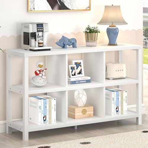 Horizontal Bookshelf, 6 Cube Storage Organizer with Shelf, Modern Wood and Metal Cubby Bookcase for Bedroom Living Room, White Oak, 47 Inch - color: White
